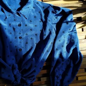 Jaeger blue black polka dot and zig zag blouse vintage